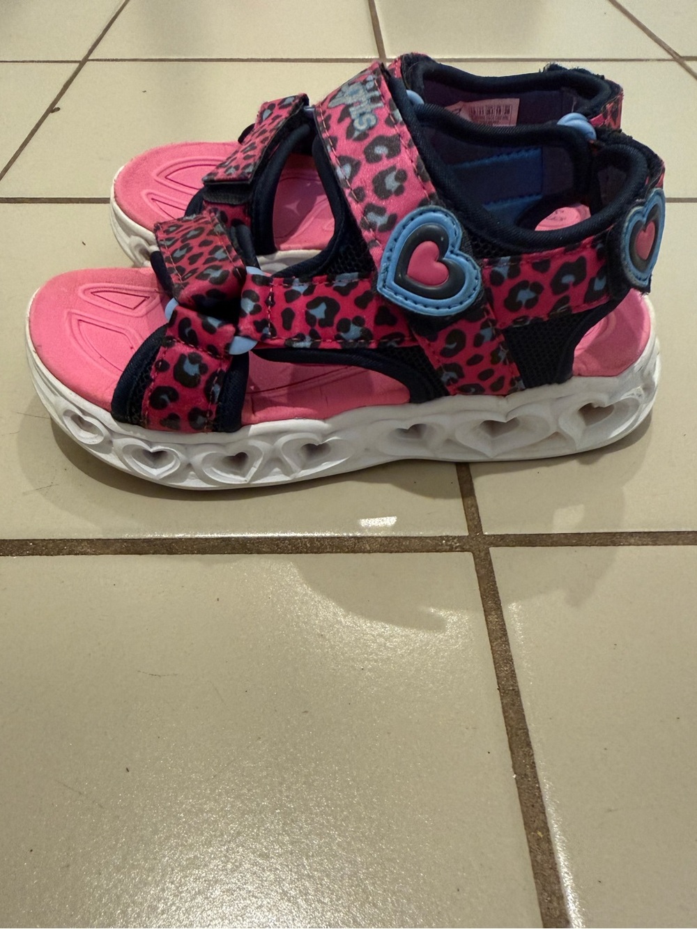 Skechers S Lights Girls' Pink Leopard Print Light up Sport Sandals Sz 12